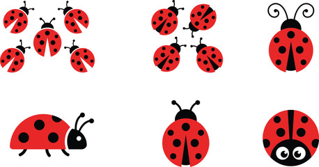 Collection of cute ladybug illustrations in various styles and poses representing nature, insects, and playful design concepts © Joy