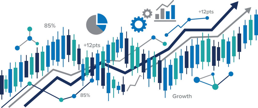 Candlestick chart shows financial growth trends with blue and teal bars and upward trending lines.