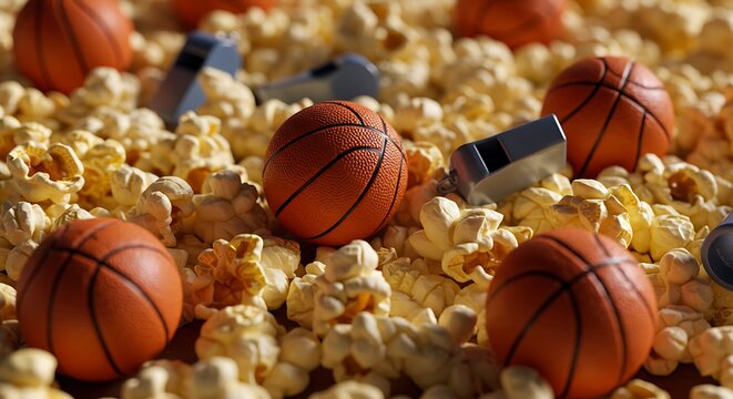 Bolas de basquete e apitos em meio &agrave; pipoca para criar um visual com tema esportivo.