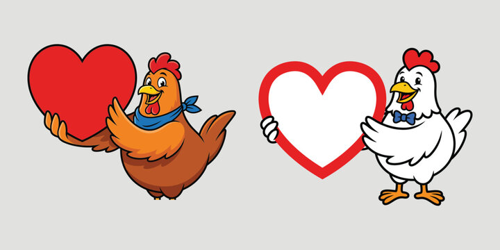 Sweet Hen Mascot Character Holding Blank Heart Shape Banner Vector Illustration