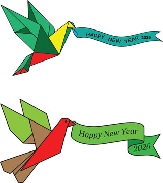 Colorful Origami Hummingbird Happy New Year Ribbon Banner Vector Illustration Isolated on White Background for Holiday Greeting Card