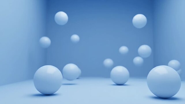 Minimalist Blue Room with Floating White Spheres - A serene, minimalist scene featuring several smooth white spheres gently floating and bouncing within a soft blue room.