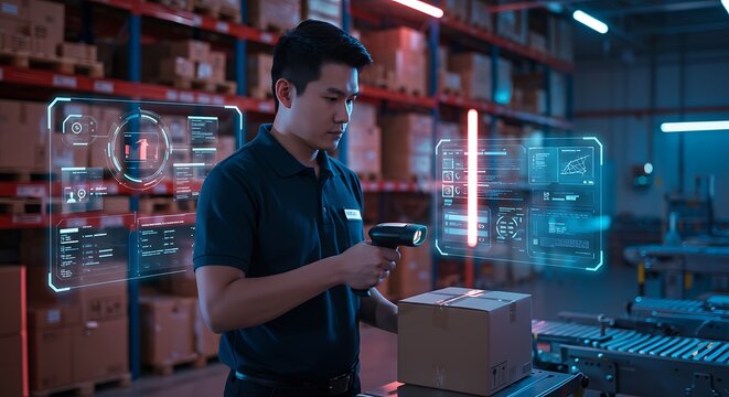 Operador de armaz&eacute;m escaneando pacotes com interface digital: conceito futurista