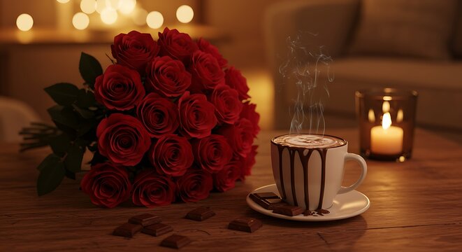 Rosas vermelhas e caf&eacute; com vela sobre mesa de madeira em ambiente interno