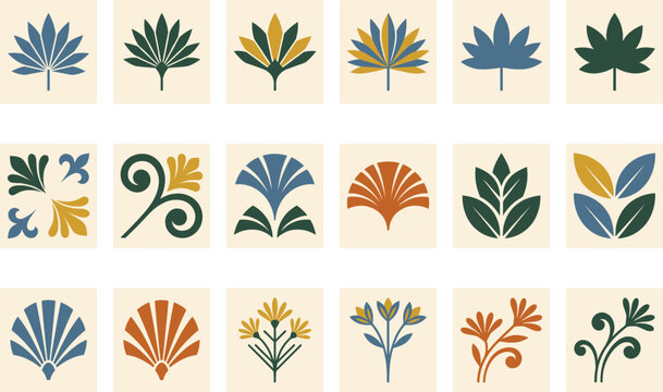 Set of stylized botanical motifs featuring geometric leaves and floral patterns in earthy tones for decorative modern design
