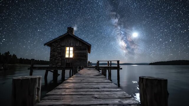 Wooden Cottage on Pier Under Starry Night Sky - A solitary wooden cottage sits on a pier extending over calm water, illuminated by the warm glow from its window.