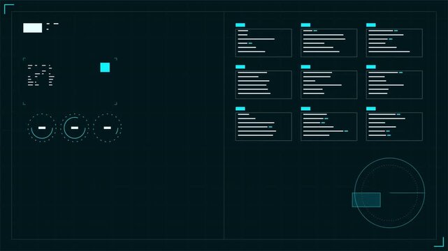 Futuristic circular HUD interface with digital target pointers and data charts, cyber technology dashboard 4k video