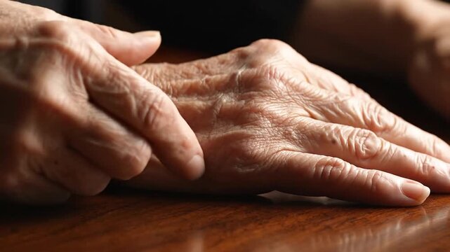 Close-up of elderly wrinkled hands resting on a wooden surface, showing signs of aging and life experience.