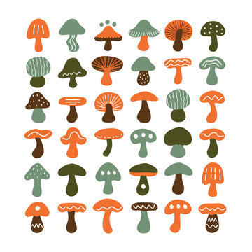 Scandinavian Folk Art Cute Mushroom Fungi Vector Element Sheet