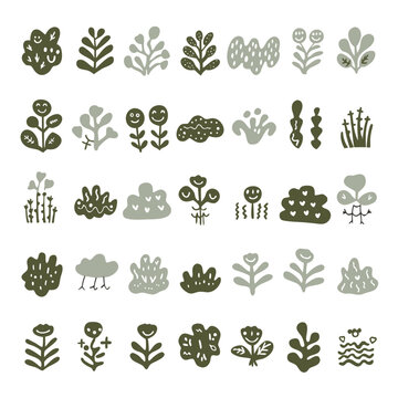 Scandinavian Folk Art Botanical Doodle Leaf and Flower Vector Element Sheet