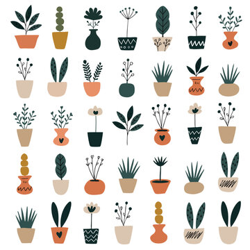 Scandinavian Folk Art Potted Houseplant Gardening Vector Element Sheet