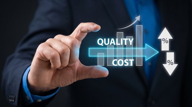 Businessman holding a virtual graph showing quality improvement and cost reduction concept of business optimization, efficiency, and profit growth