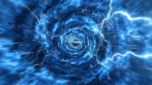 Blue Abstract Wormhole Tunnel with Lightning - A swirling vortex of deep blue energy creates a wormhole effect, with streaks of white lightning crackling through the center.