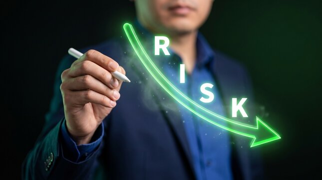 Businessman drawing a glowing green downward arrow representing risk reduction on a virtual screen, concept of business risk management and financial strategy