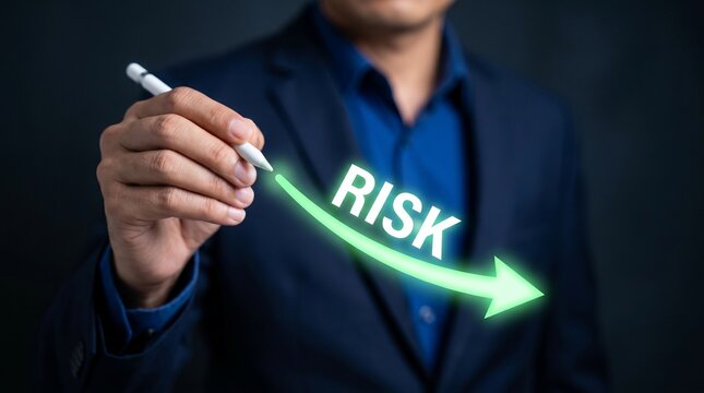 Businessman holding a digital pen and drawing a glowing green arrow pointing downwards with the word risk, representing risk mitigation and reduction