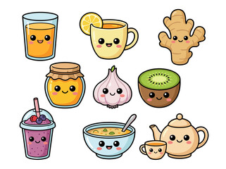Obraz premium adorable kawaii vector illustration featuring a collection of cute food and drink characters with happy faces