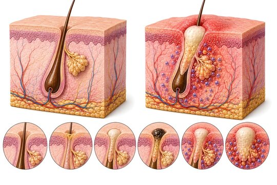 Normal Skin Pore vs Acne Formation Anatomy, Realistic Dermatology Cross Section, Pilosebaceous Unit Inflammation, Medical Illustration