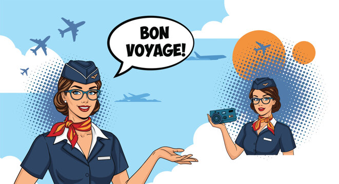 Pair of vintage style flight attendants in blue uniforms with one holding a camera saying bon voyage in a speech bubble.