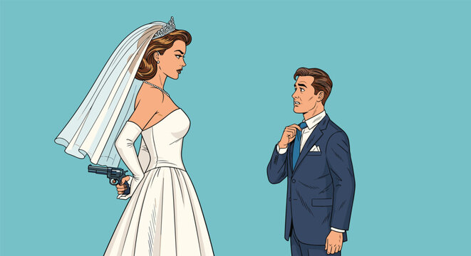 Serious bride in a white wedding dress hiding a handgun behind her back while looking at a nervous groom adjusting his tie.
