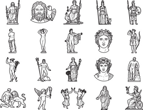 Collection of ancient Greek gods and goddesses depicted as line art icons, including Zeus, Hera, Apollo, and Artemis, each with iconic symbols and attributes.