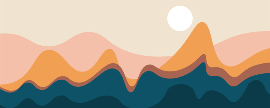 Abstract landscape poster. Nature wall decor contemporary art print, mid century mountain background. Vector