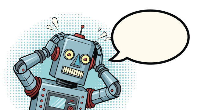 Metal robot looking worried with its hands on its head and an empty speech bubble on a light blue dotted background.