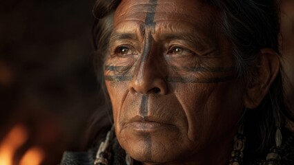 Fototapeta premium Elderly Indigenous Man with Traditional Face Paint in Thoughtful Portrait Close-Up