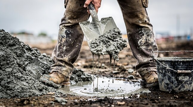 Construction worker mixing wet concrete on a muddy site.