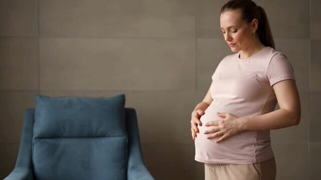 Pregnant woman touching belly in modern living room, expectant mother in pink t-shirt feeling baby kick, maternity health and pregnancy concept