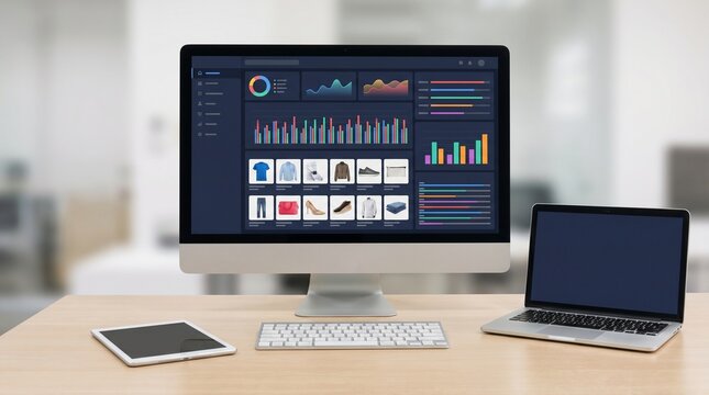 Modern digital workspace with a desktop computer showing a business intelligence dashboard focused on e-commerce analytics, alongside a laptop and tablet