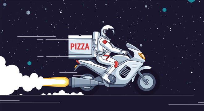 Creative pixel art illustration of an astronaut on a motorcycle delivering a pizza through space with a rocket exhaust flame.