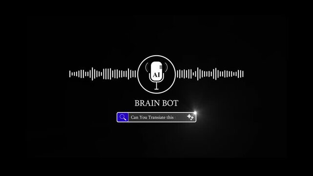 Animated "BRAIN BOT" voice assistant interface, sound wave equalizer with interactive search bar, concept of artificial intelligence, digital brain bot technology, and virtual assistant software.