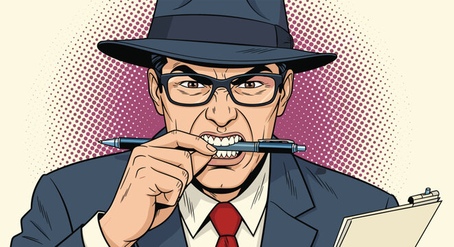 Stressed man with glasses and a hat biting a pen and holding a clipboard with an intense look on a purple halftone background.