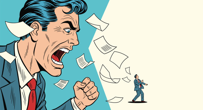 Angry boss in a suit and tie shouting with a giant mouth at a tiny employee while papers fly everywhere in a corporate conflict scene.