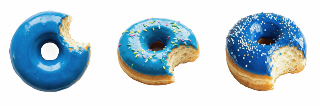 Set of a sweet blue donut with colorful sprinkles and a bitten edge, representing delicious desserts, caf&eacute; treats, and bakery food, isolated on transparent.