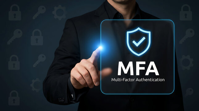 Businessman touching multi factor authentication MFA screen for cybersecurity login