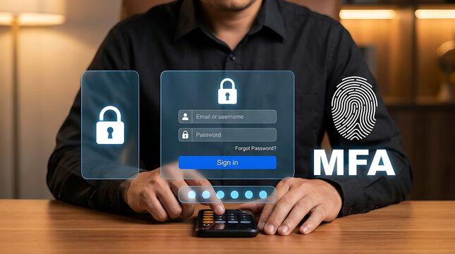 Man using smartphone for multi factor authentication MFA secure login verification