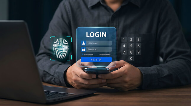 Man logging into secure account using smartphone fingerprint scanner and pin code