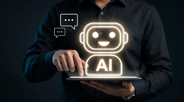 Businessman using digital tablet to interact with AI chatbot assistant icon
