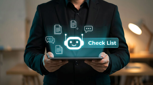 Businessman holding tablet with AI chatbot and digital document checklist screen
