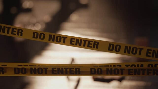 Panning shot of busy detective shadow walking back and forth at gritty amber crime scene behind yellow police tape.