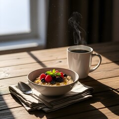 Healthy breakfast with oatmeal, berries and coffee on wooden table
