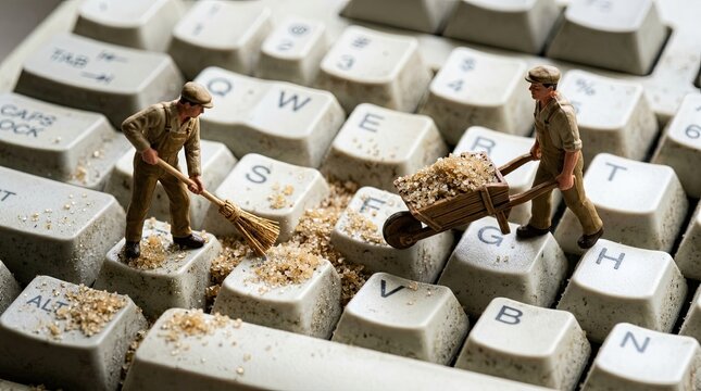 Creative miniature workers meticulously clean debris and dirt from a dirty computer keyboard representing digital cleanup data maintenance and it support concepts with tiny figures using a broom