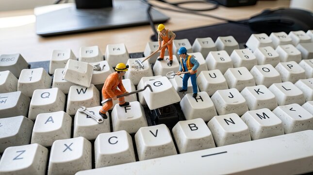 Miniature workers repairing a dirty computer keyboard with tools