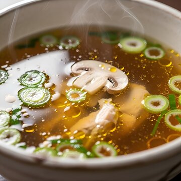 Healthy steaming broth with mushroom, scallions, and herbs