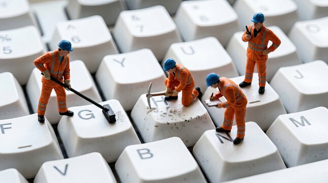 Miniature workers in orange uniforms repair computer keyboard