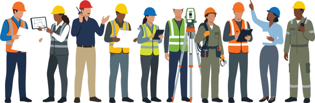 industrial labor characters company employees contractors and heavy machinery operators collection wearing protective safety vests and hardhats