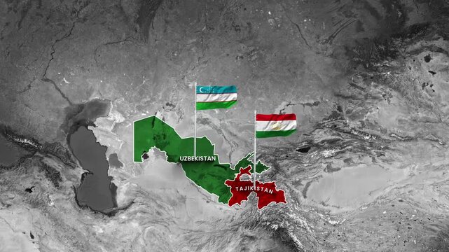Animated flags of Uzbekistan and Tajikistan waving over a geopolitical map video footage