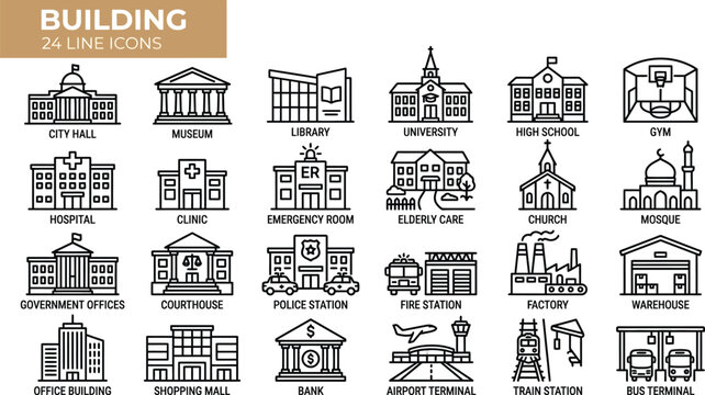 Buildings line icons collection features twenty-four distinct black and white symbols depicting various civic structures and industrial establishments for clean graphic layouts.