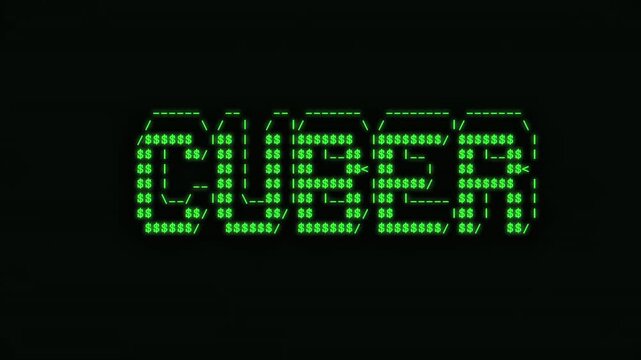 Green CYBER text on black screen with digital ASCII art characters and glitch effect